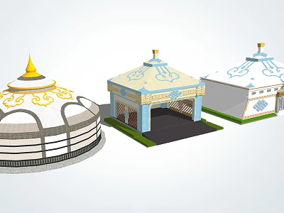 Traditional Yurt Structures With Blue White Decor And Golden Roof Designs 3d model