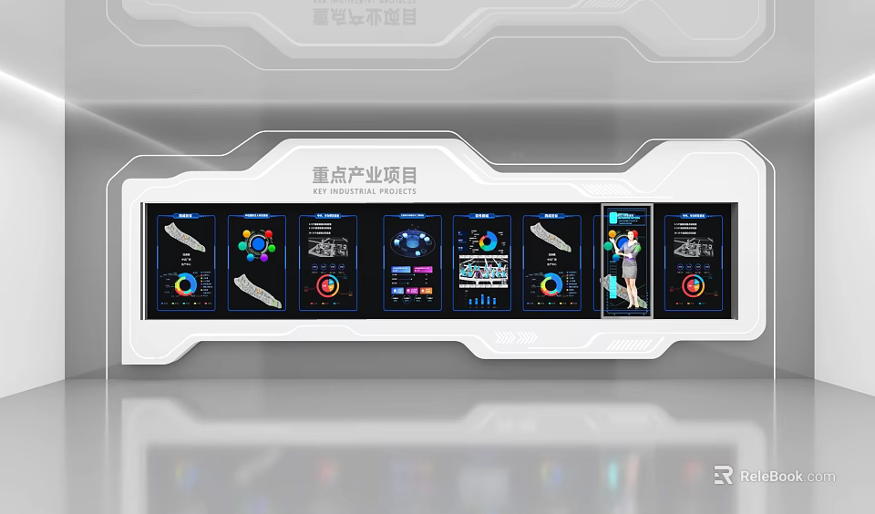 Key Industry Project Display Interface Featuring Multiple Screens Data Charts And Equipment Graphics 3d model