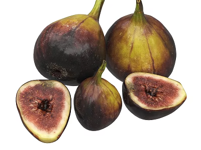Fresh Whole and Sliced Figs Displaying Purple and Green Skin with Juicy Flesh 3d model