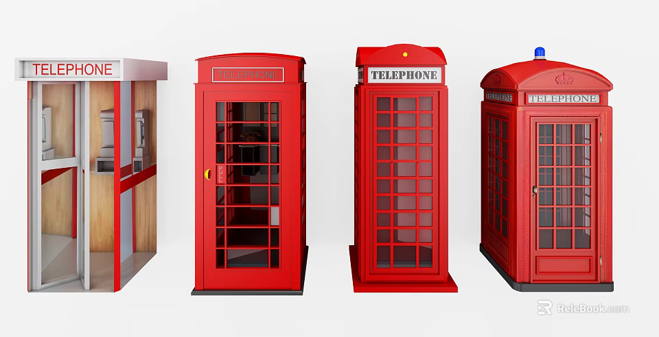 Public Facilities Classic Red Telephone Booths With Glass Doors And Retro Design 3d model 