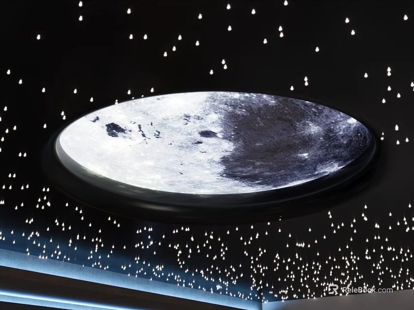 Round Ceiling Light With Moon Surface Design And Small Star Shaped Lights Around 3d model 
