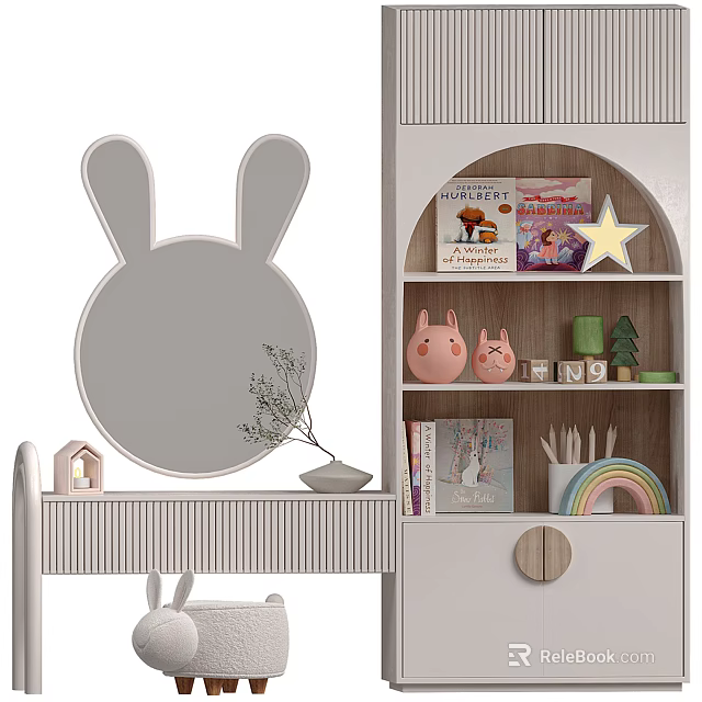 Kids Room Interior With Bunny Shaped Mirror Bookshelf Stuffed Toys Rainbow And Star Decor 3d model 