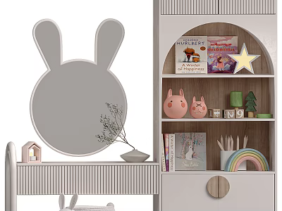 Kids Room Interior With Bunny Shaped Mirror Bookshelf Stuffed Toys Rainbow And Star Decor 3d model