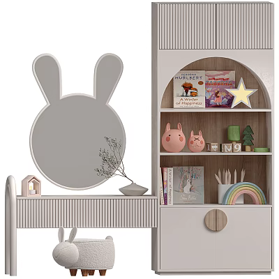 Kids Room Interior With Bunny Shaped Mirror Bookshelf Stuffed Toys Rainbow And Star Decor 3d model