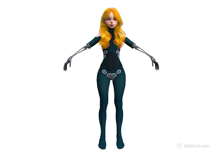 Futuristic Woman With Long Blonde Hair And Mechanical Arms In Dark Bodysuit 3d model 