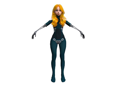 Futuristic Woman With Long Blonde Hair And Mechanical Arms In Dark Bodysuit 3d model
