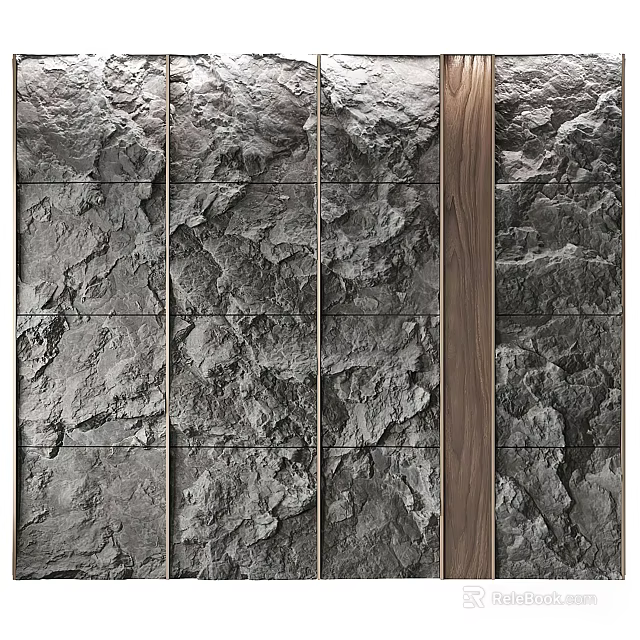 Textured Gray Feature Wall With Vertical Wooden Accent And Natural Stone Texture 3d model 