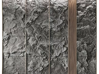 Textured Gray Feature Wall With Vertical Wooden Accent And Natural Stone Texture 3d model