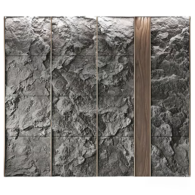 Textured Gray Feature Wall With Vertical Wooden Accent And Natural Stone Texture 3d model