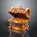 Open Wooden Treasure Chest With Golden Decorations Red Gemstone Gems And Pearl Necklace