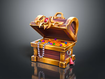 Open Wooden Treasure Chest With Golden Decorations Red Gemstone Gems And Pearl Necklace 3d model