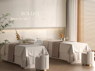 Serene SPA Sauna Beauty Space With Skin Care Treatment Tables Plants And Window Blinds 3d model