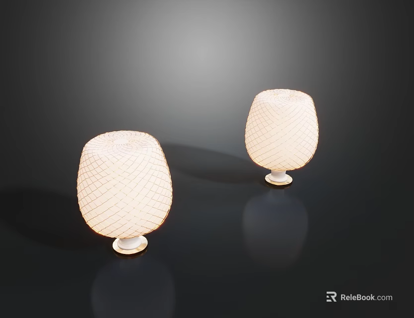 Two White Table Lamps with Woven Texture Shades on Black Surface and Soft Lighting Effect 3d model 
