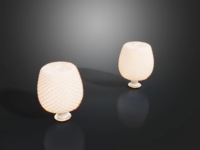 Two White Table Lamps with Woven Texture Shades on Black Surface and Soft Lighting Effect 3d model