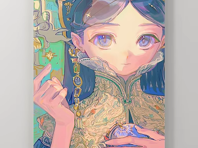 Anime Character Portrait With Blue Hair Purple Eyes Wearing Glasses Floral Clothing Holding Blue Object 3d model