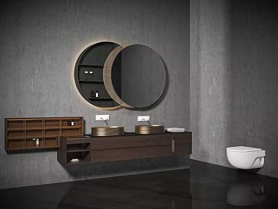 Modern Bathroom Vanity With Double Sinks And Round Mirror Wooden Design 3d model