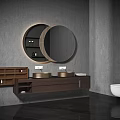 Modern Bathroom Vanity With Double Sinks And Round Mirror Wooden Design