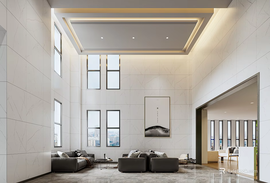 Modern Hotel Lobby Interior With High Ceiling Large Windows And Marble Flooring 3d model 