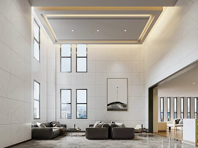 Modern Hotel Lobby Interior With High Ceiling Large Windows And Marble Flooring 3d model