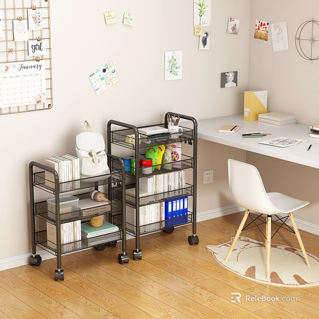 Rolling Shelving Units For Home Office With Books Folders Toys And Backpack 3d model 