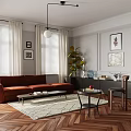Living Room Interior With Red Sofa Window Blinds Coffee Table Pomegranate Books And Framed Artwork