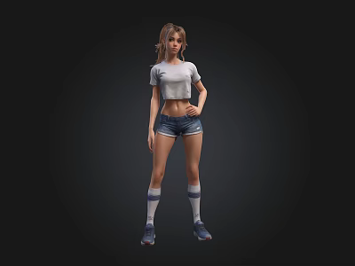 Female Character In White Cropped T-Shirt Denim Shorts Knee High Socks And Sneakers Black Background 3d model