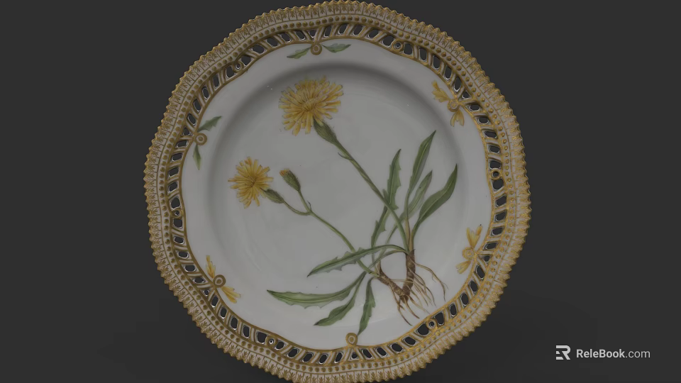 Elegant Ceramic Plate With Golden Intricate Lace Border And Yellow Floral Design 3d model 