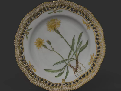 Elegant Ceramic Plate With Golden Intricate Lace Border And Yellow Floral Design 3d model