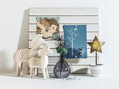 Stylish Decorative Ornament Set With White Horse Figurines Transparent Vase Blue Card And Golden Star 3d model
