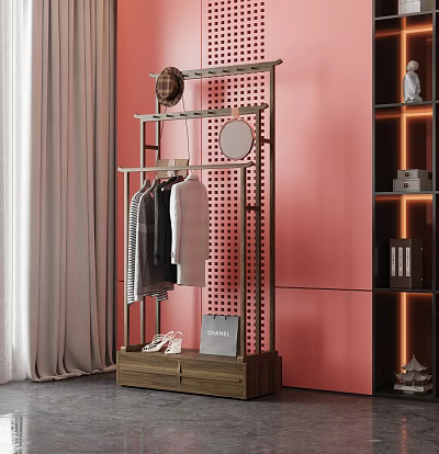 Modern Clothing Rack In Pink Room With Clothes Hats Mirror And Drawers 3d model
