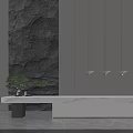Elegant Modern Reception Desk With White Marble Surface Grey Wall Green Bonsai And Pendant Lights