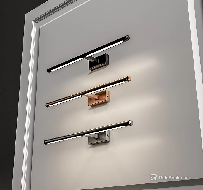 Three Different Color Linear Wall Lamps With Black Copper Gray Bases Mounted On White Wall 3d model 