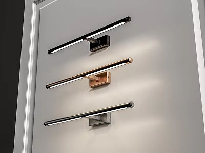 Three Different Color Linear Wall Lamps With Black Copper Gray Bases Mounted On White Wall 3d model