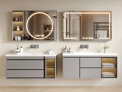 Modern Double Bathroom Vanity With LED Backlit Mirrors And Grey Storage Cabinets 3d model