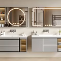 Modern Double Bathroom Vanity With LED Backlit Mirrors And Grey Storage Cabinets 3d model