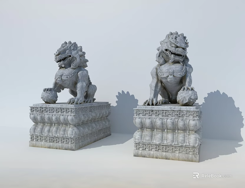 Traditional Stone Lion Statues As Roadside Decorative Facilities With Carved Bases 3d model 