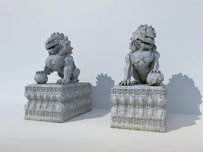 Traditional Stone Lion Statues As Roadside Decorative Facilities With Carved Bases 3d model