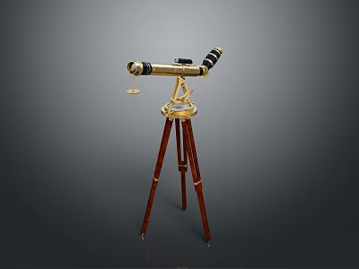 Antique Brass Telescope With Gold Black Body On Red Wooden Tripod Stand 3d model