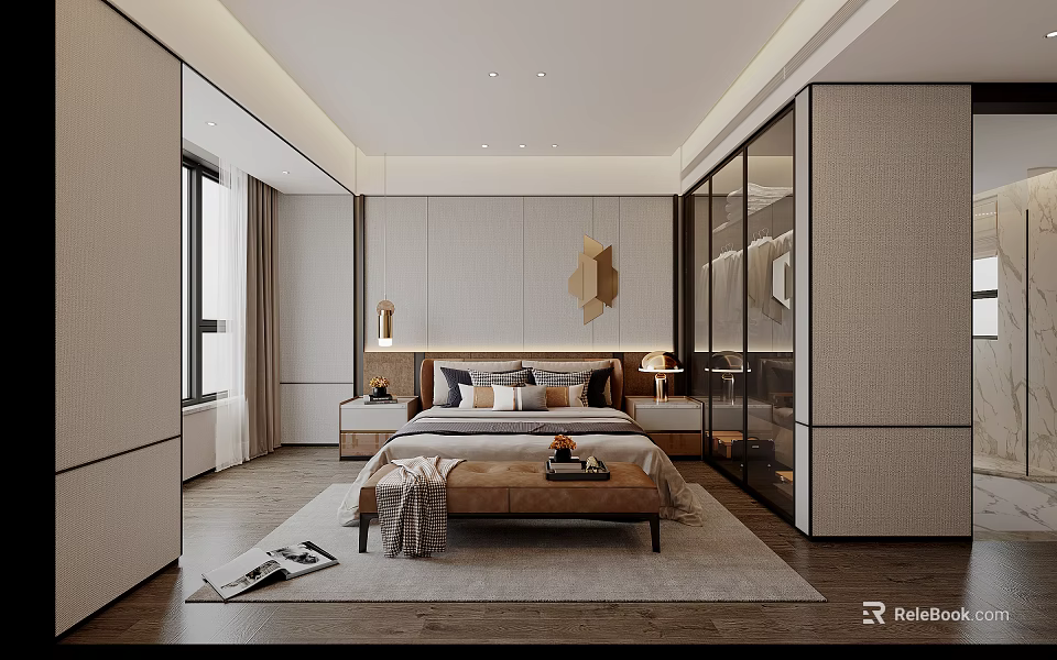 Modern Bedroom Interior Design With Double Bed Bedside Tables And Floor to Ceiling Window 3d model