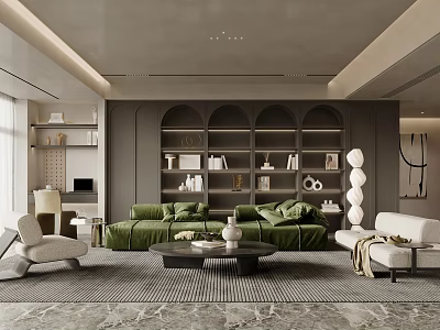 Modern Living Room Interior Design With Green Sofa Arched Bookshelves And Marble Floor 3d model