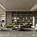 Modern Living Room Interior Design With Green Sofa Arched Bookshelves And Marble Floor