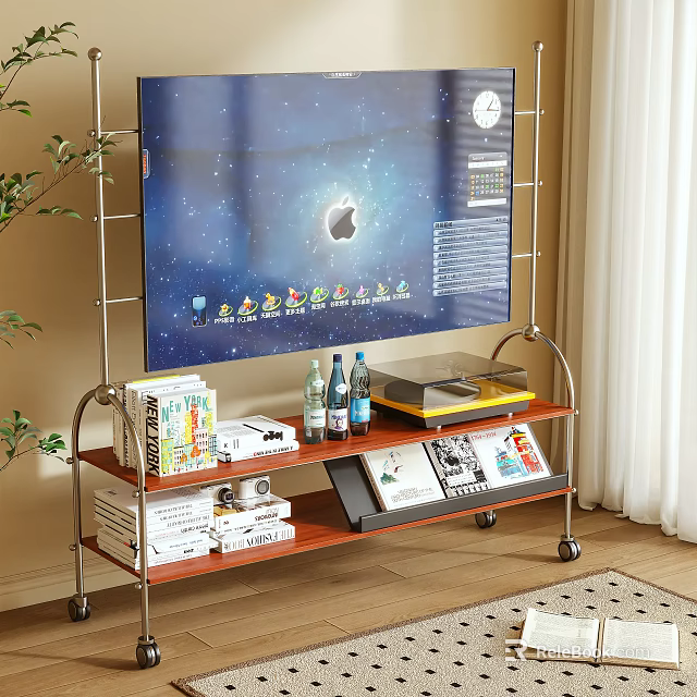 Modern TV Stand With TV Game Console Books Magazines Metal Frame And Wheels 3d model 