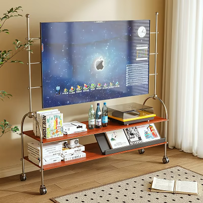 Modern TV Stand With TV Game Console Books Magazines Metal Frame And Wheels 3d model