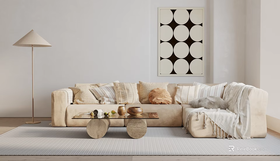 Beige Sectional Sofa with Pillows Coffee Table Rug Floor Lamp and Circular Wall Art 3d model 