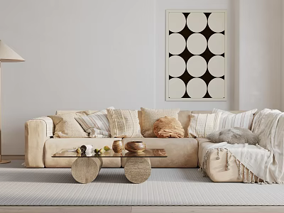 Beige Sectional Sofa with Pillows Coffee Table Rug Floor Lamp and Circular Wall Art 3d model