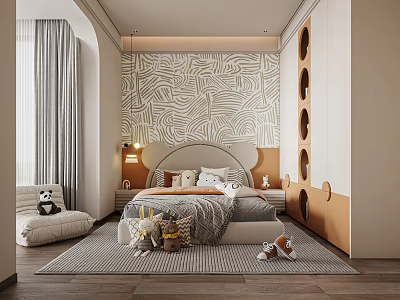 Cozy Kids Room Interior With Curved Headboard Wavy Wallpaper Stuffed Toys Rug And Wooden Cabinet 3d model