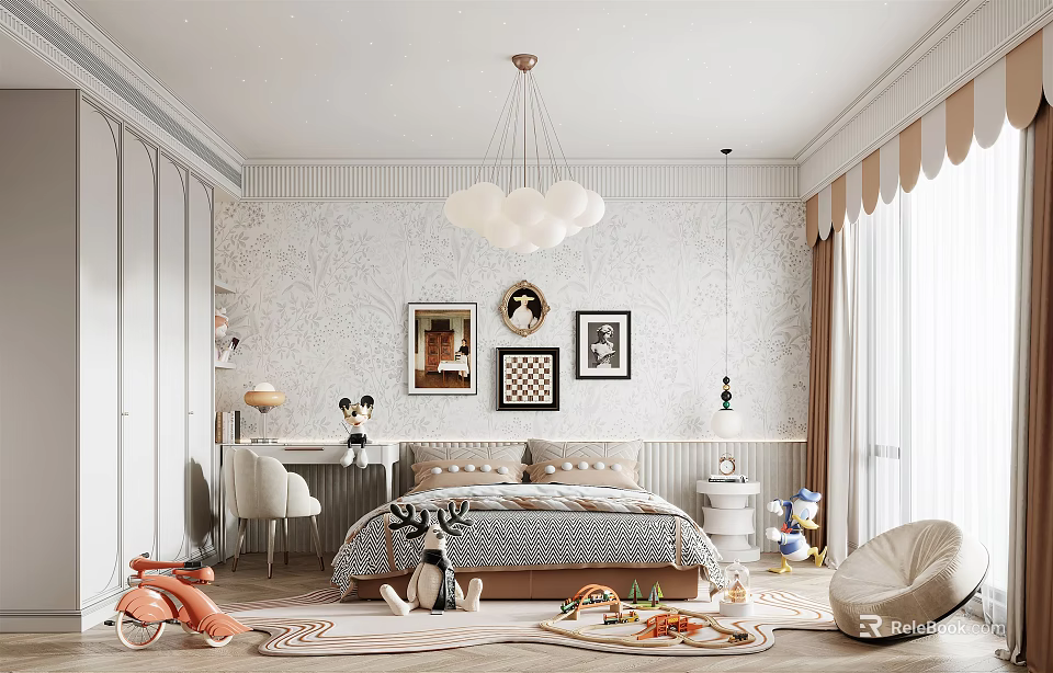 Cozy Kids Room Interior Design With Cloud Chandelier Bed Wall Art And Toys 3d model 