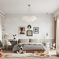 Cozy Kids Room Interior Design With Cloud Chandelier Bed Wall Art And Toys