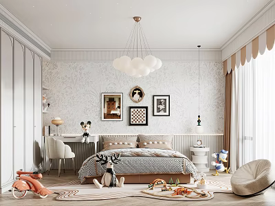 Cozy Kids Room Interior Design With Cloud Chandelier Bed Wall Art And Toys 3d model