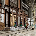 Traditional Commercial Street Landscape With Ancient Architecture Stone Pavement Trees And Pedestrians